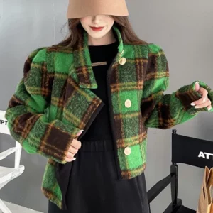 Y2K Grunge Style Green Woolen Jacket - Vintage Short Coat