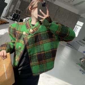 Y2K Grunge Style Green Woolen Jacket - Vintage Short Coat