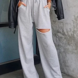 Y2K Grunge Style Grey Wide Leg Pants for Women - Elastic High Waist Sweatpants