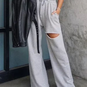 Y2K Grunge Style Grey Wide Leg Pants for Women - Elastic High Waist Sweatpants