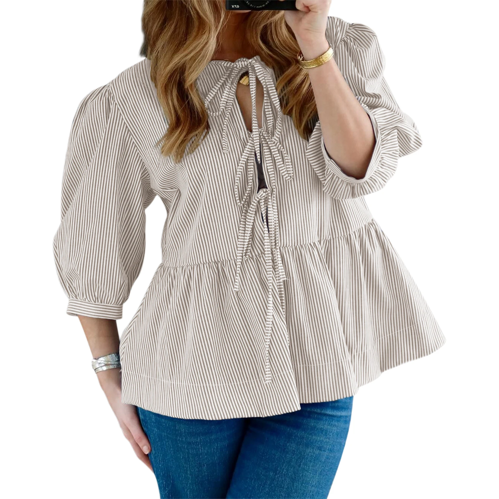 Y2K Grunge Style Half Puff Sleeve Tie-Up Shirt - Women's Casual Work Top