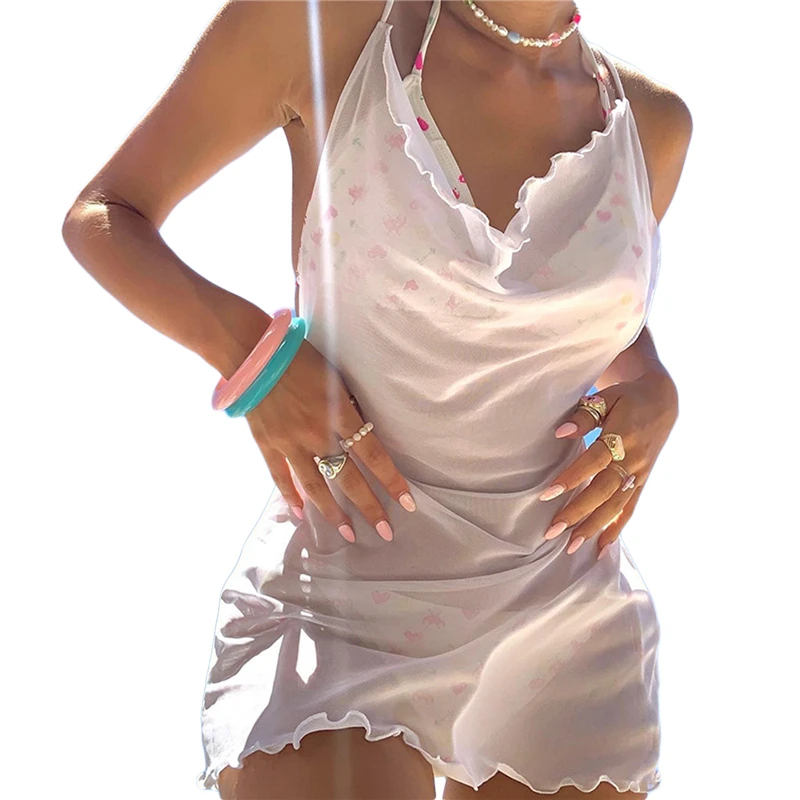 Y2K Grunge Style Halter Mini Dress - Sexy Beach Cover-Up with See-Through Back