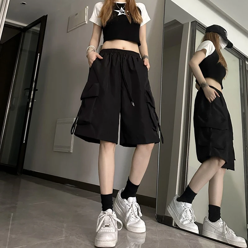 Y2K Grunge Style High Waist Cargo Shorts - Streetwear Fashion with Wide Leg and Big Pockets