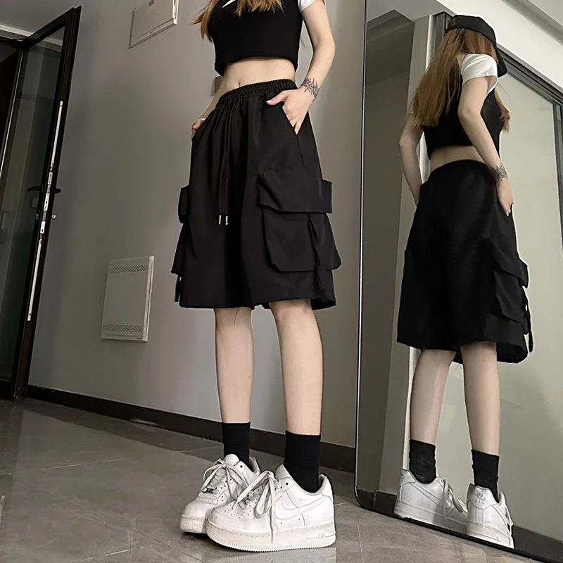 Y2K Grunge Style High Waist Cargo Shorts - Streetwear Fashion with Wide Leg and Big Pockets