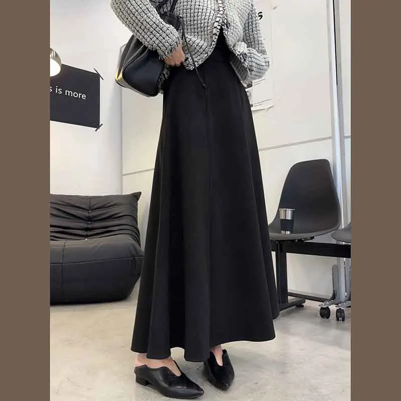 Y2K Grunge Style High Waist Woolen Skirt - Winter Chic A-Line Midi Skirt