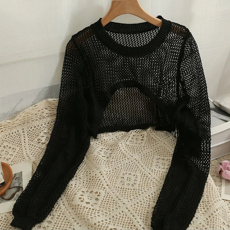 Y2K Grunge Style Hollow Out Knitted Crop Top - Sexy Long Sleeve Summer Tee