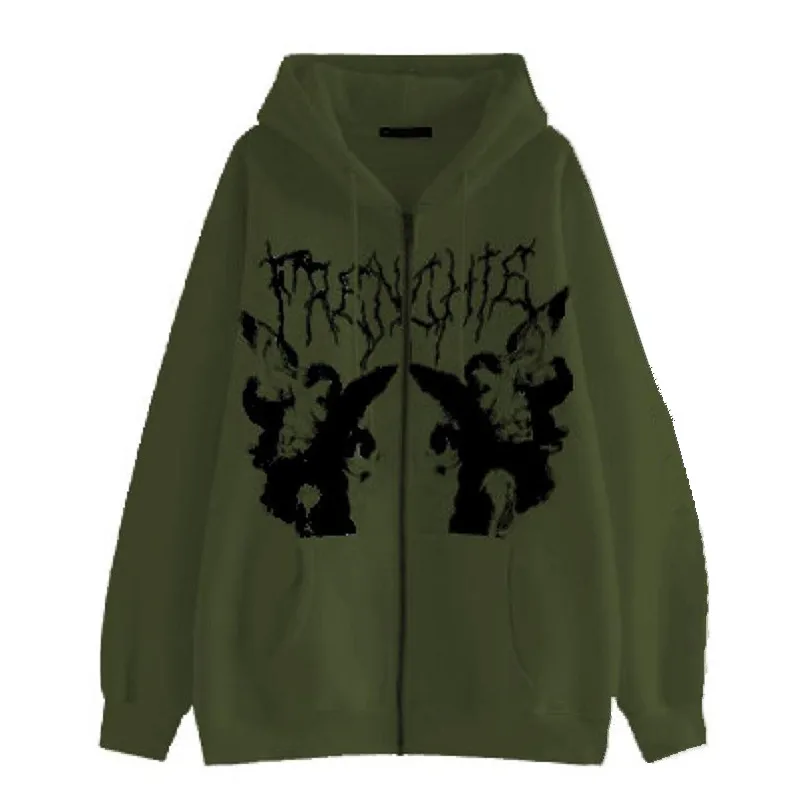 Y2K Grunge Style Hooded Sweatshirt with Zip-Up Front & Pockets