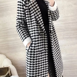 Y2K Grunge Style Houndstooth Mohair Cardigan - Plaid Knit Jacket