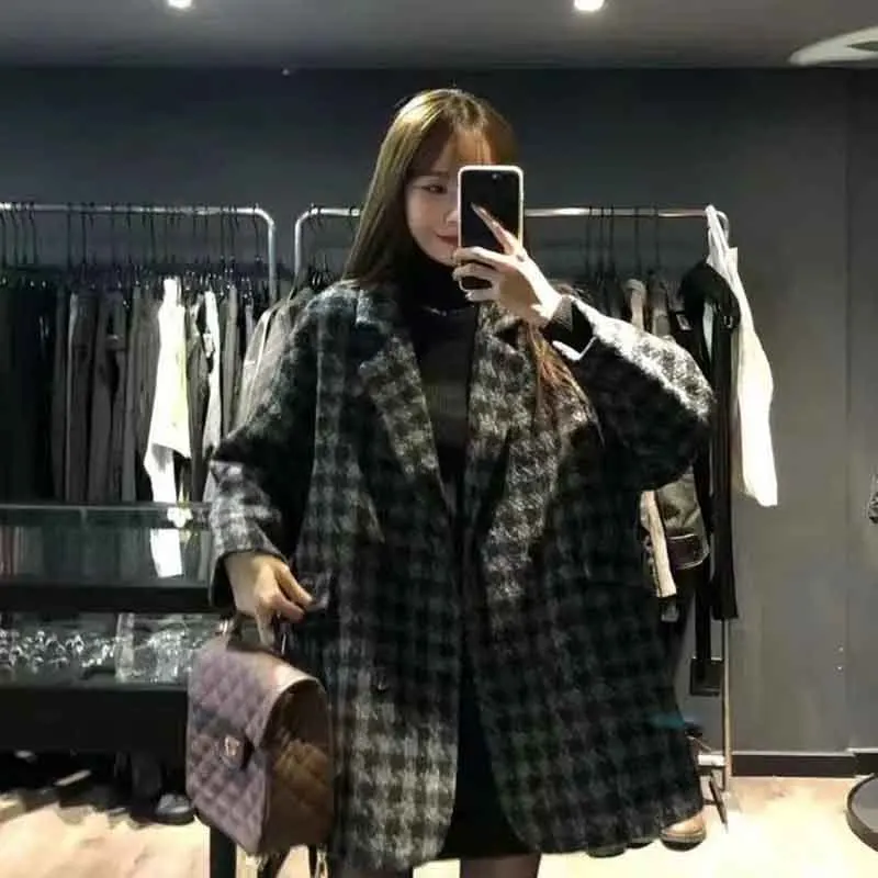 Y2K Grunge Style Houndstooth Wool Jacket - Korean Double Breasted Overcoat