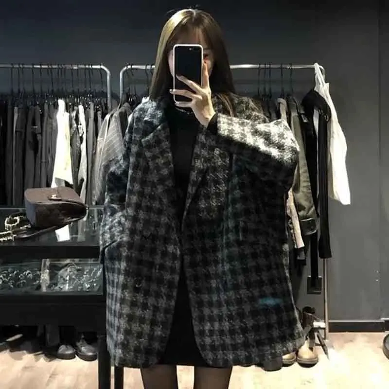 Y2K Grunge Style Houndstooth Wool Jacket - Korean Double Breasted Overcoat