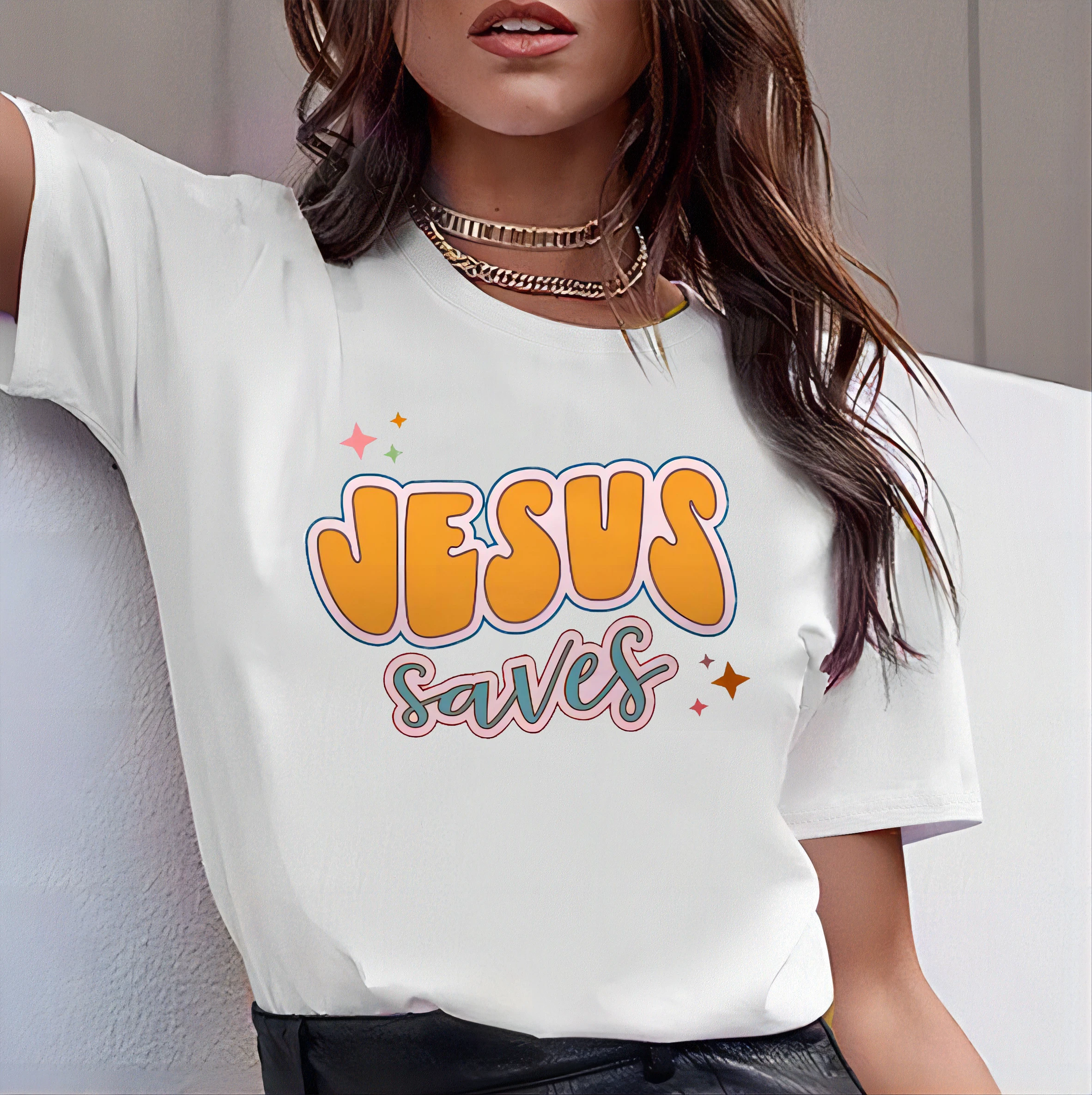 Y2K Grunge Style Jesus Saves Print Casual T-Shirt