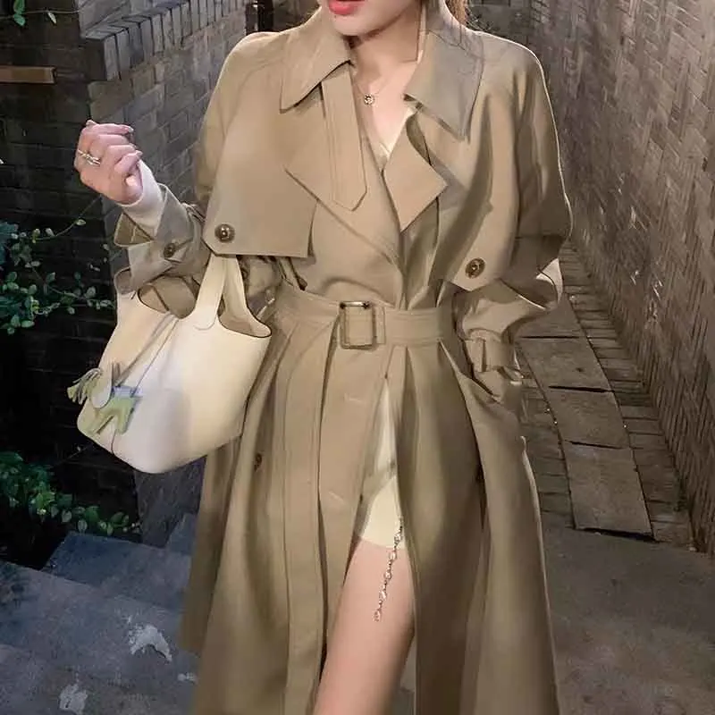 Y2K Grunge Style Khaki Trench Coat - Double Breasted Harajuku Windbreaker