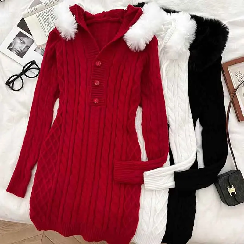 Y2K Grunge Style Knit Mini Dress - Hooded Autumn Winter Fashion for Women