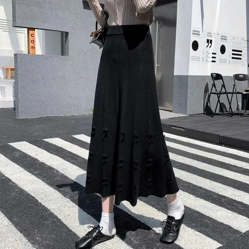 Y2K Grunge Style Knit Pleated Midi Skirt - Winter Warm A-Line High Waist Elegant Casual Wear