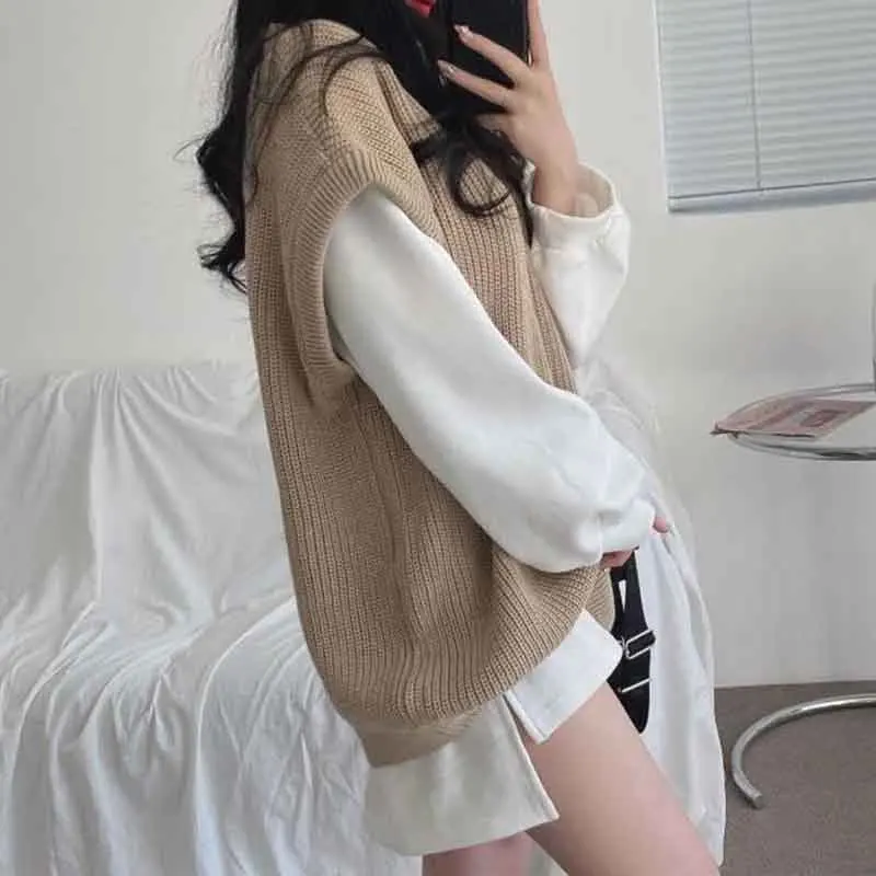 Y2K Grunge Style Knit Sweater Vest - V Neck Preppy Solid Base - Oversized Loose Casual Sleeveless