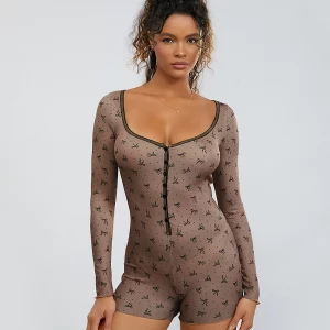 Y2K Grunge Style Knitted Square Neck Long Sleeve Romper - Women's Sleepwear