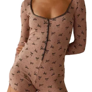 Y2K Grunge Style Knitted Square Neck Long Sleeve Romper - Women's Sleepwear