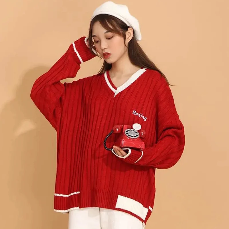 Y2K Grunge Style Knitted Sweater - V Neck Long Sleeve Pullover for Women