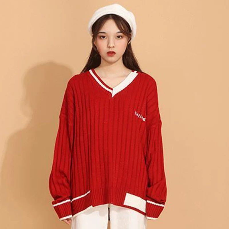 Y2K Grunge Style Knitted Sweater - V Neck Long Sleeve Pullover for Women