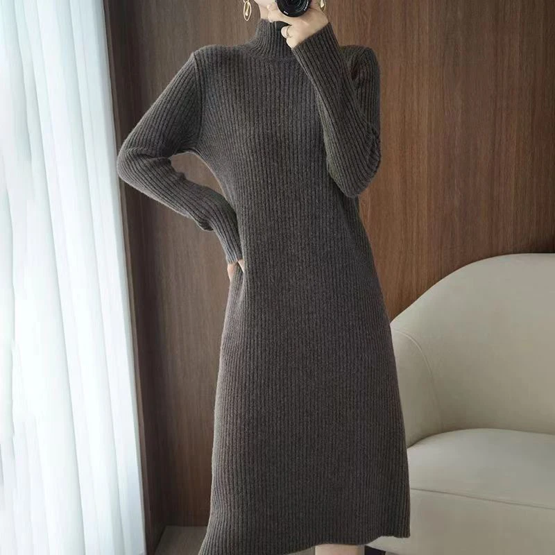 Y2K Grunge Style Knitted Turtleneck Dress - Elegant A-Line Midi Dress