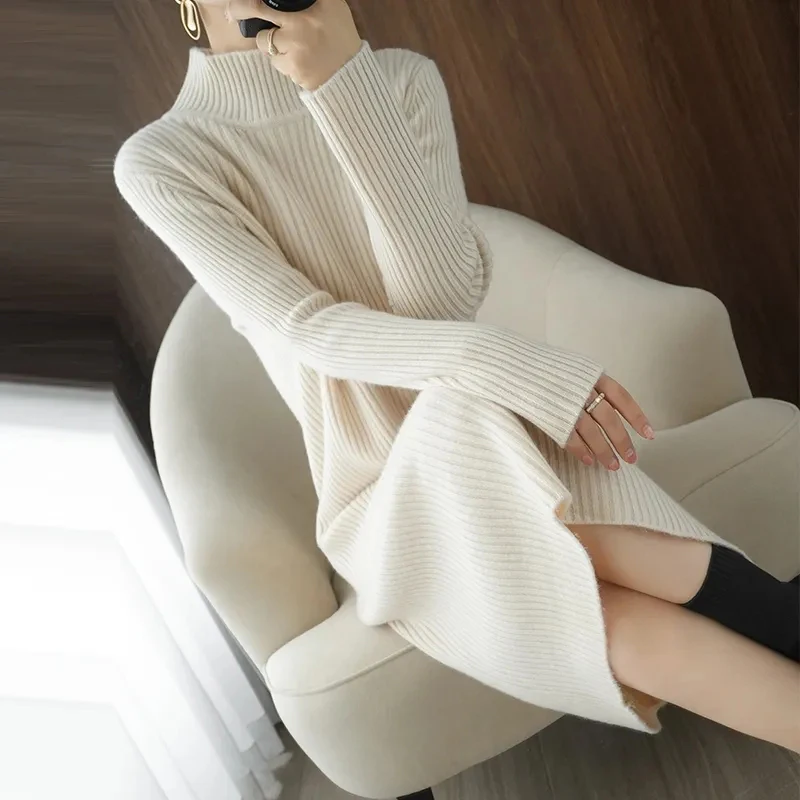 Y2K Grunge Style Knitted Turtleneck Dress - Elegant A-Line Midi Dress