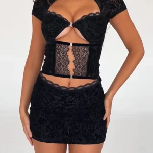 Y2K Grunge Style Lace Hollow Out Mini Dress - Black Strapless Clubwear