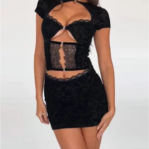 Y2K Grunge Style Lace Hollow Out Mini Dress - Black Strapless Clubwear