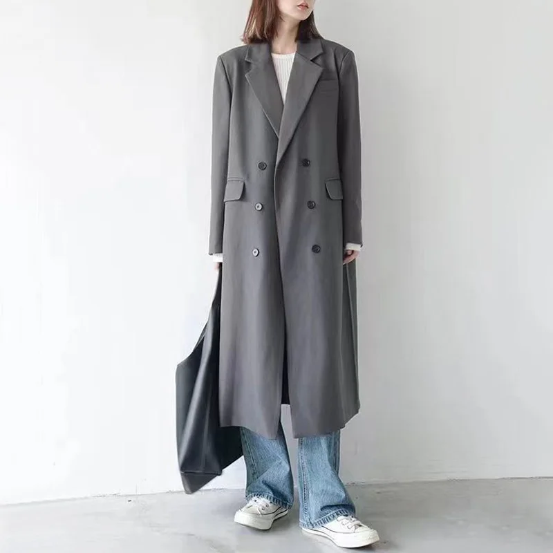 Y2K Grunge Style Long Blazer Jacket - Double Breasted Coat for Women