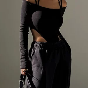 Y2K Grunge Style Long Sleeve Bodysuit - Off Shoulder Club Party Outfit