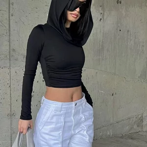 Y2K Grunge Style Long Sleeve Hooded Crop Top - Black Slim Fit Streetwear