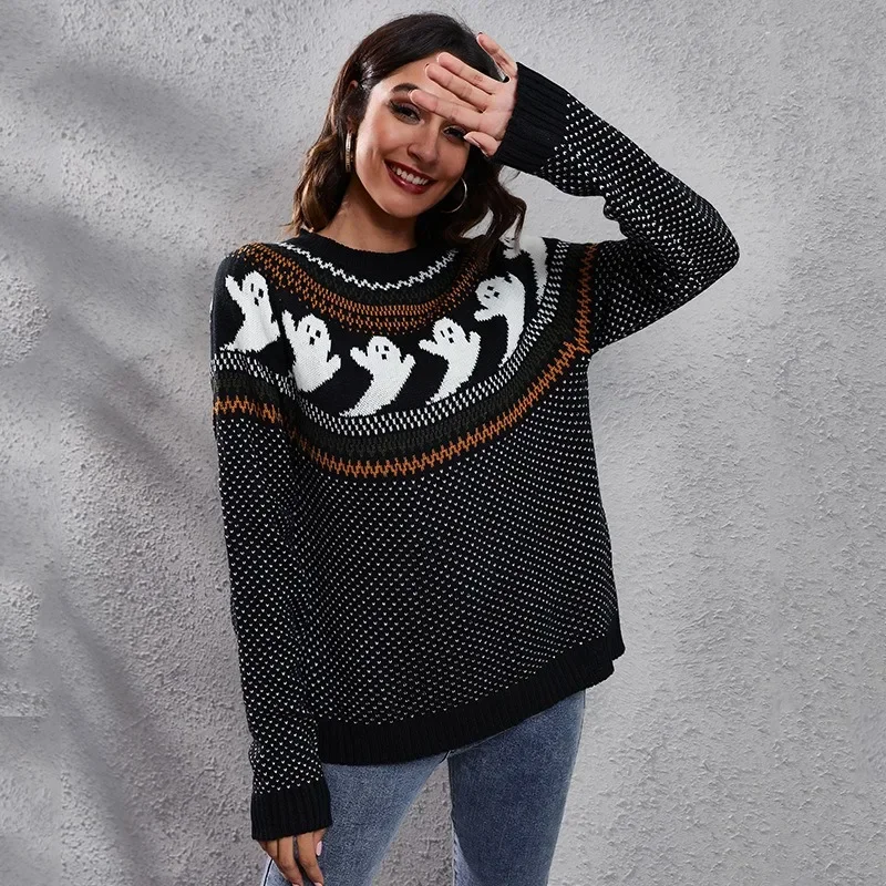 Y2K Grunge Style Long Sleeve Sweater - Halloween Skull Print Jumper