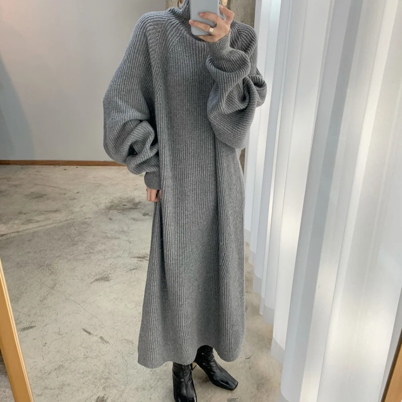 Y2K Grunge Style Mock Neck Knit Sweater Dress - Korean Streetwear Fashion