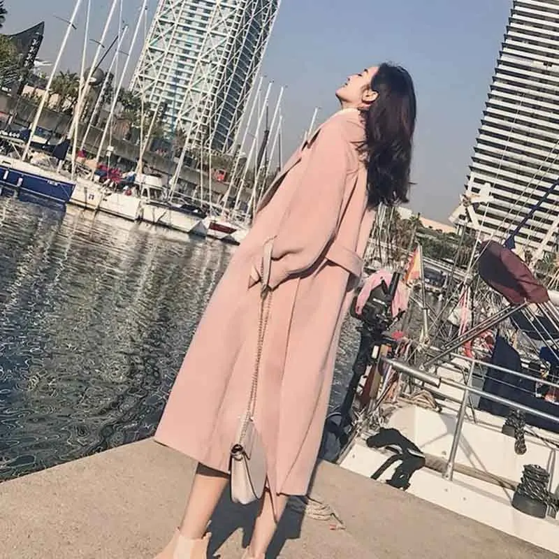 Y2K Grunge Style Pink Woolen Midi Coat - Lace-Up Double-Breasted Jacket