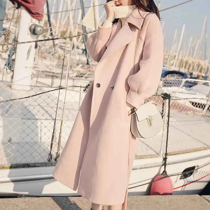 Y2K Grunge Style Pink Woolen Midi Coat - Lace-Up Double-Breasted Jacket