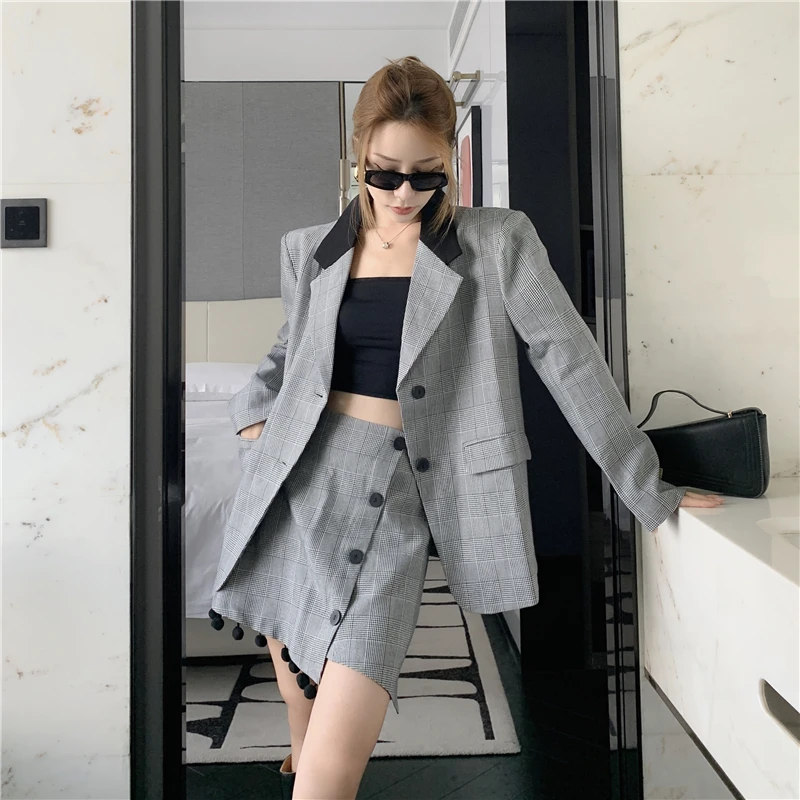 Y2K Grunge Style Plaid Suit Set with Mini Skirt - Gray Blazer and Skirt Ensemble for Office and