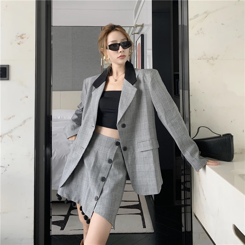 Y2K Grunge Style Plaid Suit Set with Mini Skirt - Gray Blazer and Skirt Ensemble for Office and