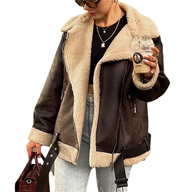 Y2K Grunge Style PU Leather Coat with Fleece Lining & Pockets