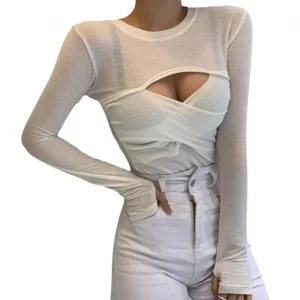 Y2K Grunge Style Rib Knit Crop Top with Drawstring - Slim Fit Ruched Short T-Shirt