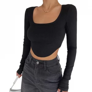 Y2K Grunge Style Rib Knit Crop Top with Drawstring - Slim Fit Ruched Short T-Shirt