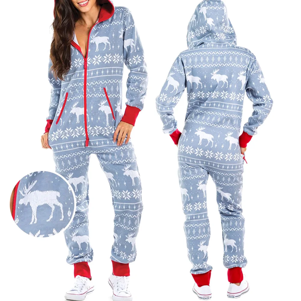 Y2K Grunge Style Santa Pattern Hooded Jumpsuit