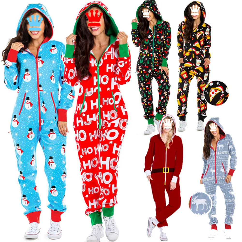 Y2K Grunge Style Santa Pattern Hooded Jumpsuit