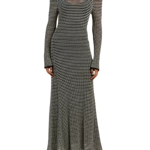 Y2K Grunge Style Striped Mesh Long Dress - Hollow-Out Crew Neck Beach Cover-Up