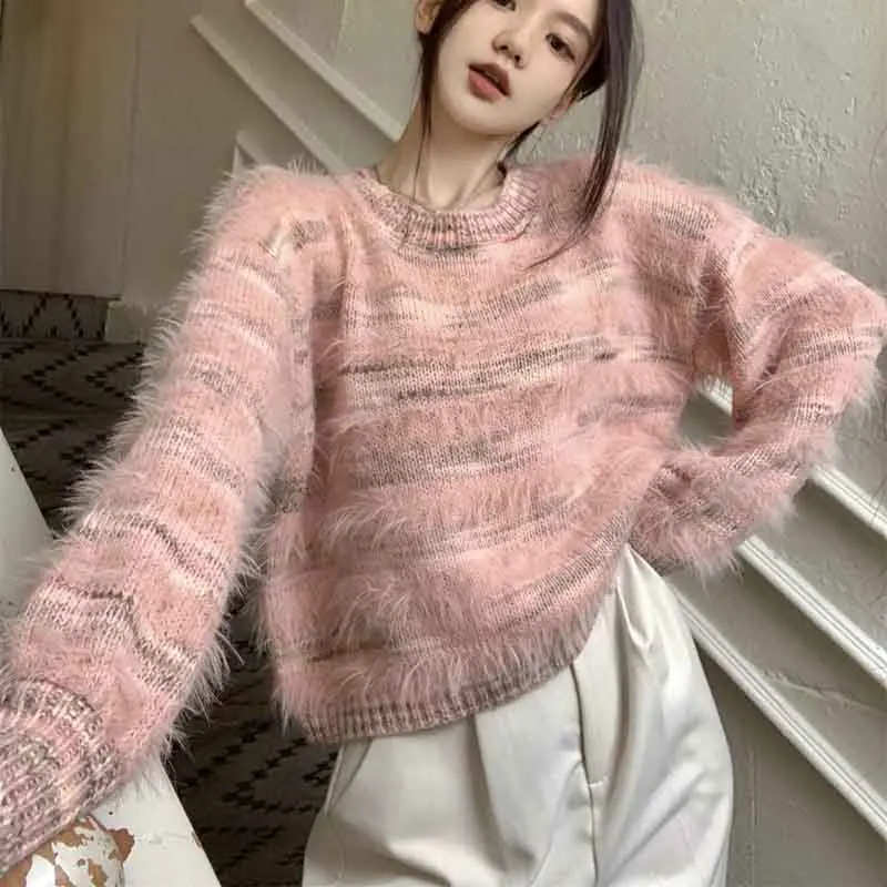 Y2K Grunge Style Striped Mink Fur Pullover - Korean Chic Lazy Fit Sweater