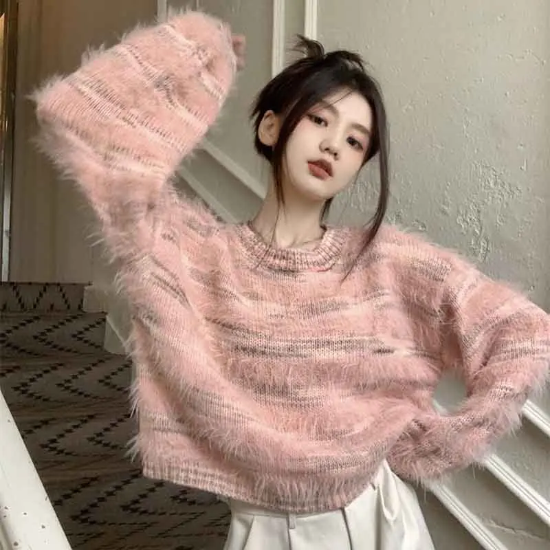 Y2K Grunge Style Striped Mink Fur Pullover - Korean Chic Lazy Fit Sweater