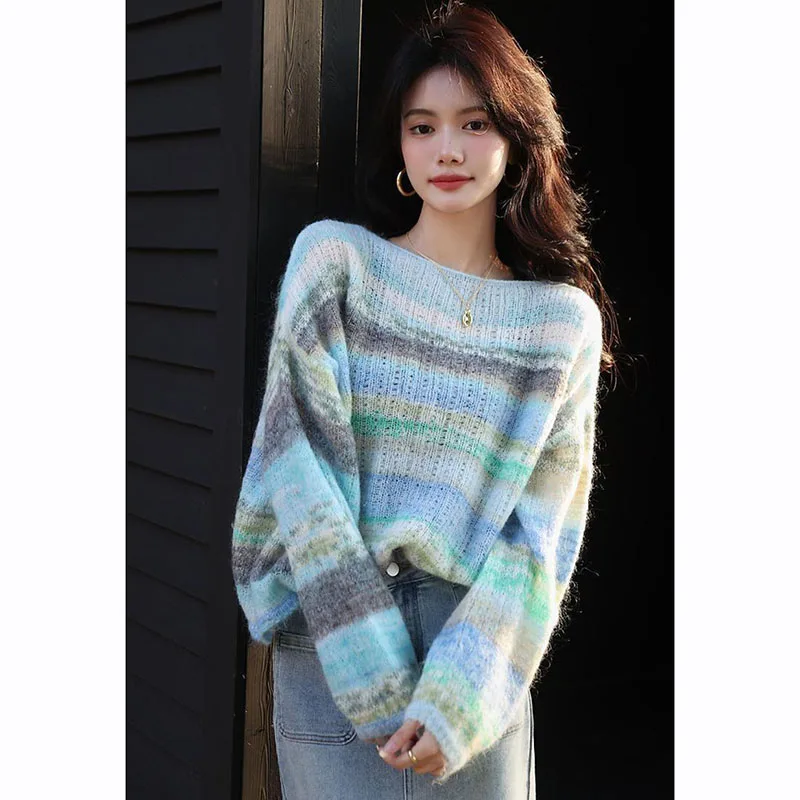 Y2K Grunge Style Striped Sweater - Harajuku Lazy Knit Pullover