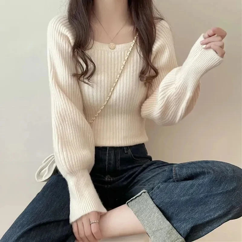 Y2K Grunge Style Sweater: Square Collar Knit Jumper with Lantern Sleeves