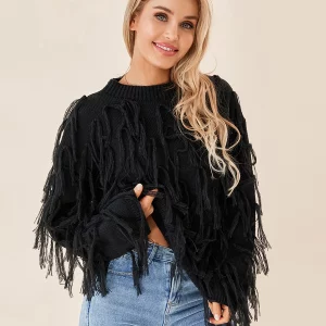 Y2K Grunge Style Tassel Sweater - Pink O-Neck Pullover