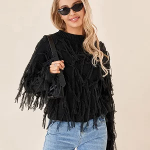 Y2K Grunge Style Tassel Sweater - Pink O-Neck Pullover