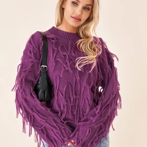 Y2K Grunge Style Tassel Sweater - Pink O-Neck Pullover