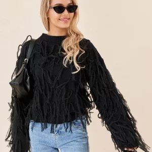 Y2K Grunge Style Tassel Sweater - Pink O-Neck Pullover